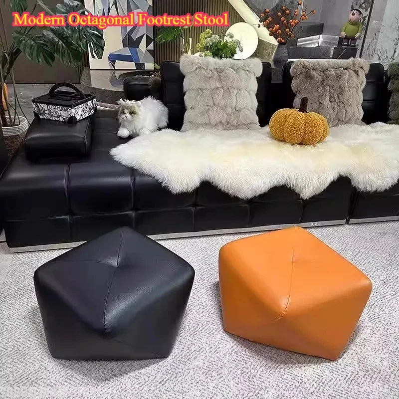 Moderner achteckiger Fußhocker aus PU-Leder – Vielseitiger Sitzhocker mit Massivholz-Basis für Wohnzimmer & Schlafzimmer