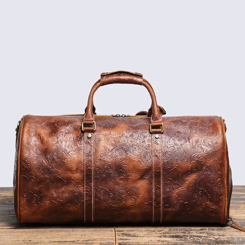 LEATHFOCUS Vintage Leder Reisetasche – Geprägte Duffle Bag aus echtem Rindsleder, große Business-, Wochenend- &amp; Sporttasche für Damen &amp; Herren