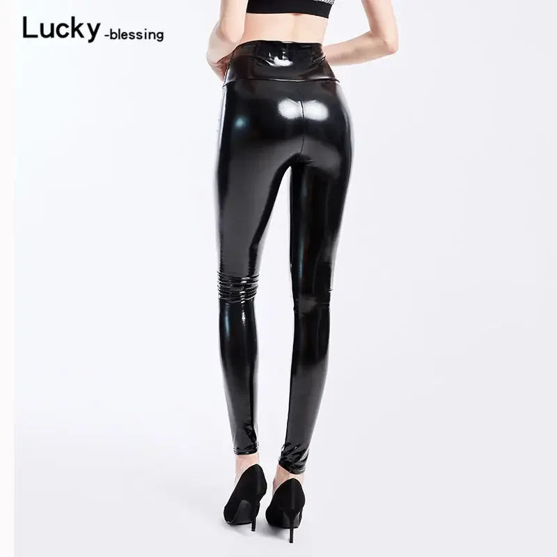 Leggings en cuir PU pour femmes, taille haute, effet miroir, leggings skinny avec pantalon crayon extensible et sexy 
