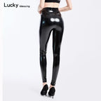 Leggings en cuir PU pour femmes, taille haute, effet miroir, leggings skinny avec pantalon crayon extensible et sexy 