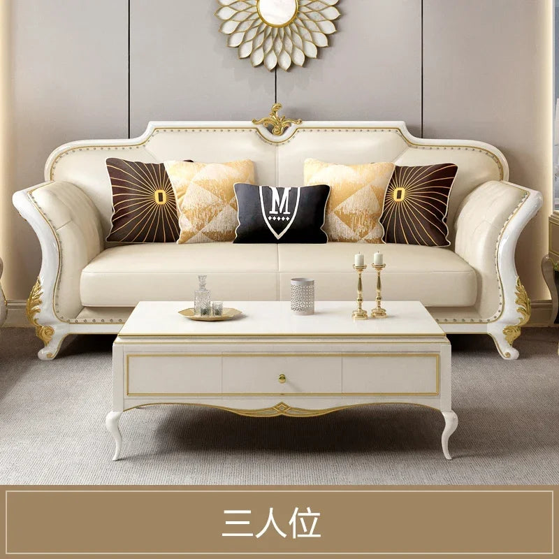 Amerikanisches Luxury Leder Sofa 1-2-3 Kombination – Elegantes Ecksofa aus Echtleder mit Massivholzrahmen für stilvolle Wohnzimmer & Villen