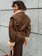 Damen Lederjacke mit Gürtel & Fellkragen – Elegante Streetwear Jacke mit Kapuze, Herbst/Winter Mode