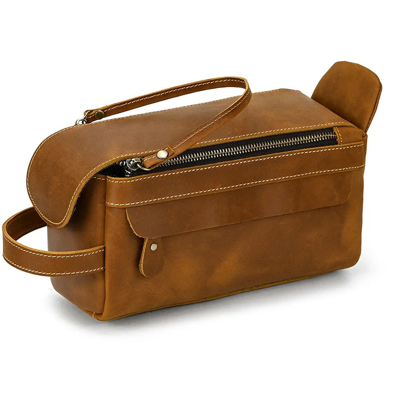 Hochwertige Kleine Reise-Kosmetiktasche aus Crazy Horse Leder – Vintage Leder Wash- &amp; Make-up Bag para hombres 