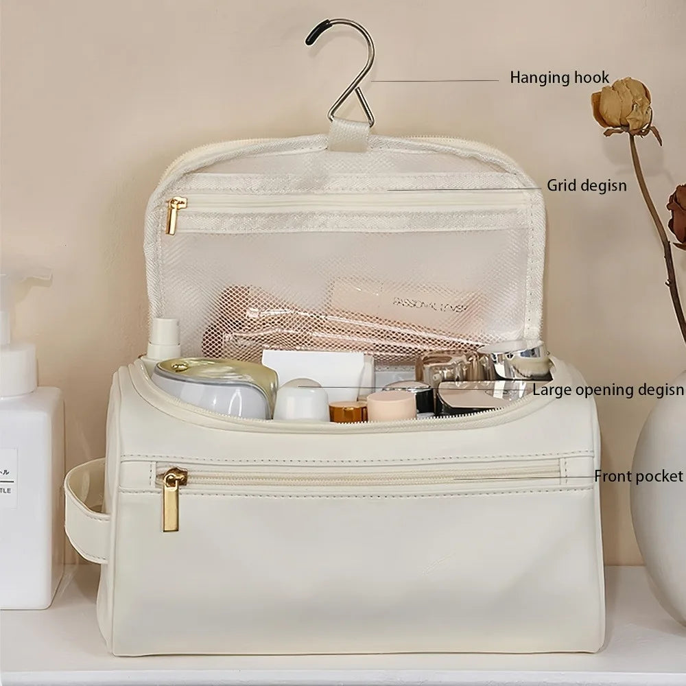 Geprägter Lederoptik Reise-Kulturbeutel – Hängender Kosmetik-Organizer mit großem Stauraum & Reißverschluss