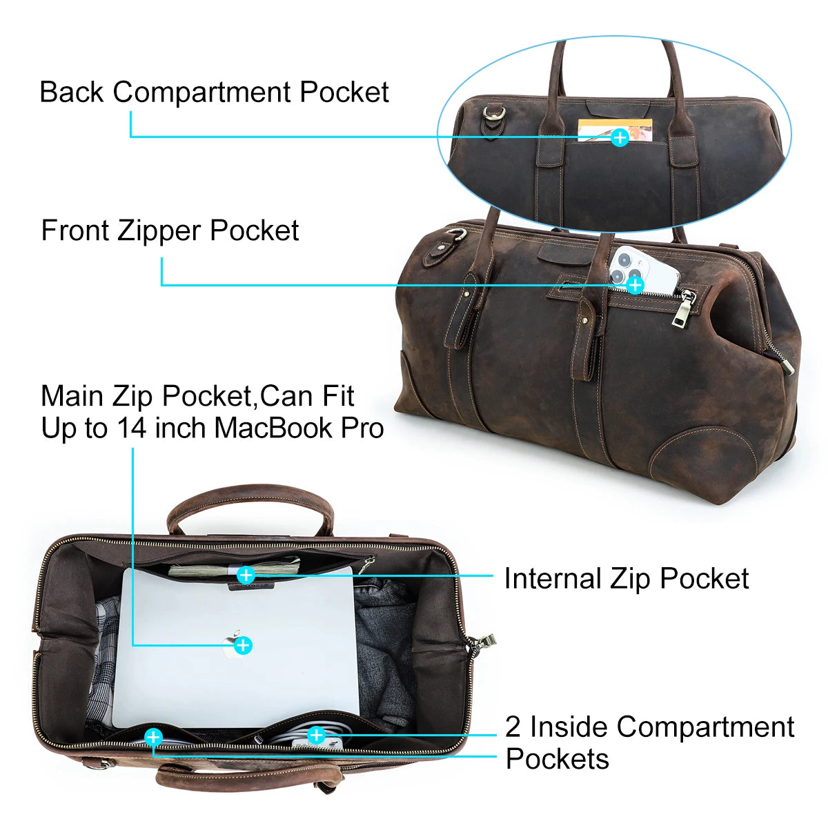 CONTACT’S Große Leder Reisetasche für Herren – Robuste Duffel & Travel Tote aus echtem Rindsleder mit Laptopfach