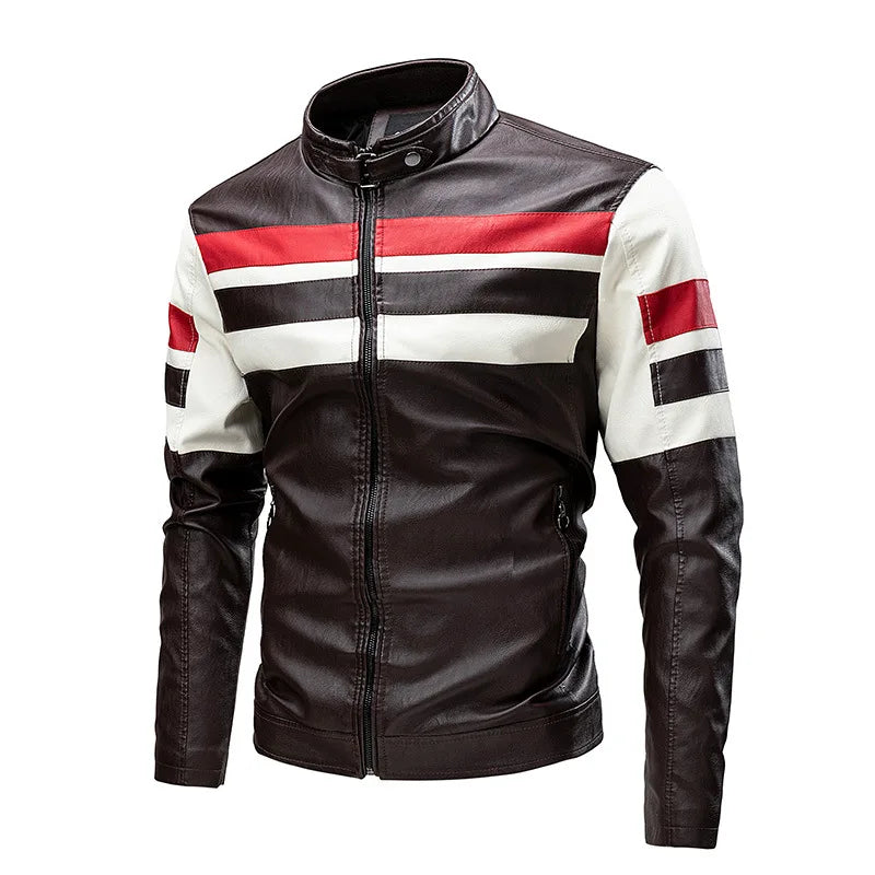 Herren PU Leder Motorradjacke mit Stehkragen – Farbblock Design, leichte Bikerjacke im Casual Style für Frühling & Herbst