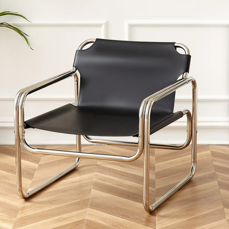 Bauhaus Designer Einzelsessel aus Edelstahl &amp; Sattelleder – Moderner Luxus Leisure- &amp; Relaxstuhl im nordischen Stil