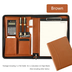 A4 Leder Executive Portfolio Mappe mit Reißverschluss – Business &amp; Uni Dokumentenorganizer mit Clip und Taschenrechner