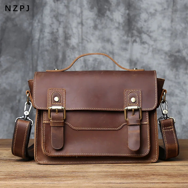 NZPJ Retro Herren Leder-Posttasche – Crazy Horse Cowhide Schultertasche für 10-Zoll iPad, Vintage Casual Handbag