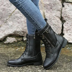 Damen Ankle Boots mit Blockabsatz – PU Leder Stiefeletten mit Schnürung & Reißverschluss, bequeme Herbst-Winter Arbeitsschuhe in großen Größen