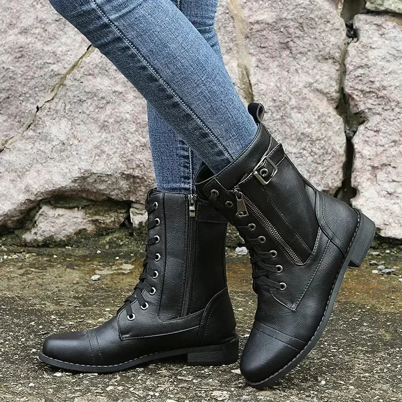 Damen Ankle Boots mit Blockabsatz – PU Leder Stiefeletten mit Schnürung & Reißverschluss, bequeme Herbst-Winter Arbeitsschuhe in großen Größen