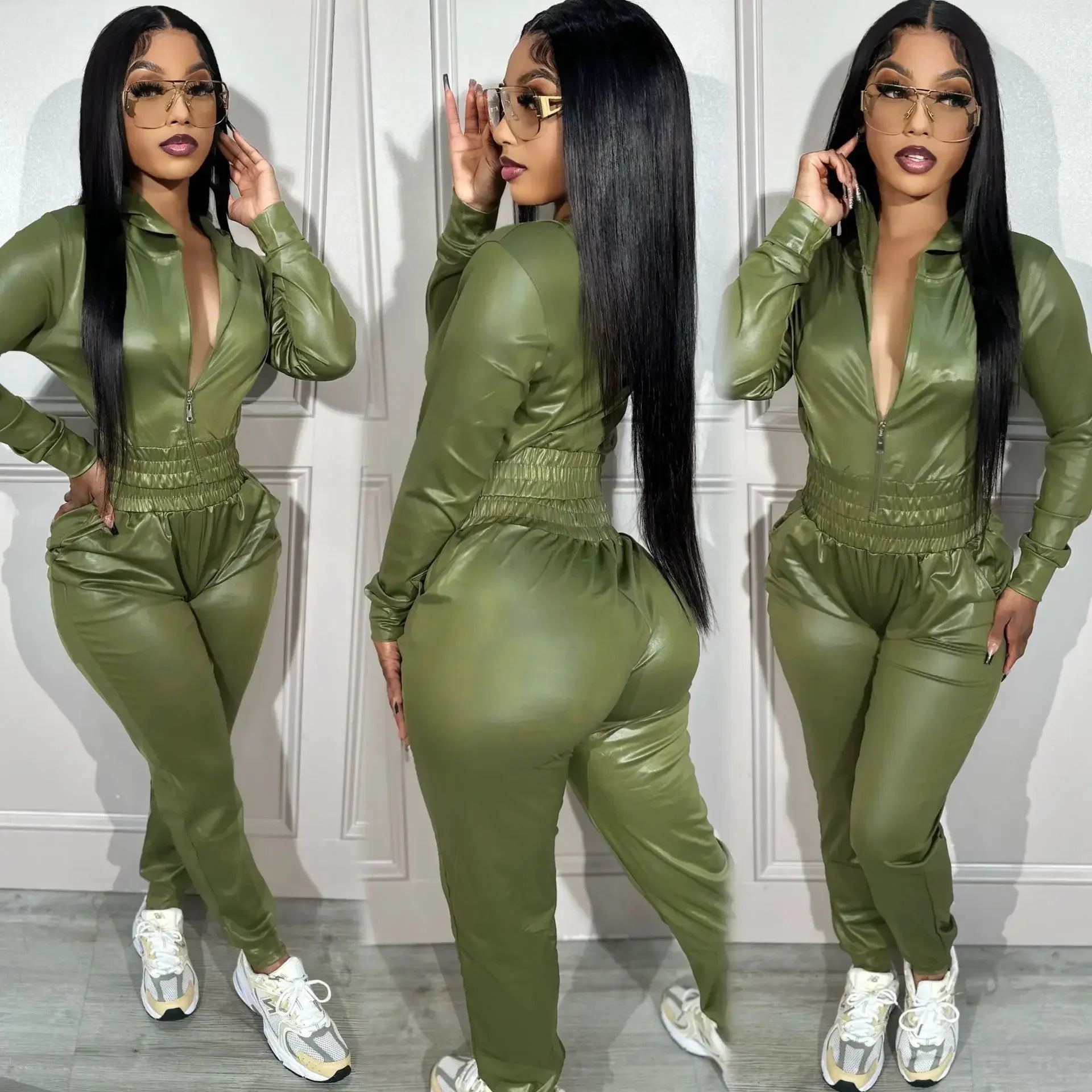 PU Leder Damen Zweiteiler – Streetwear Tracksuit mit Kapuzenjacke & Reißverschluss, lässiges Matching Set für Alltag & Freizeit