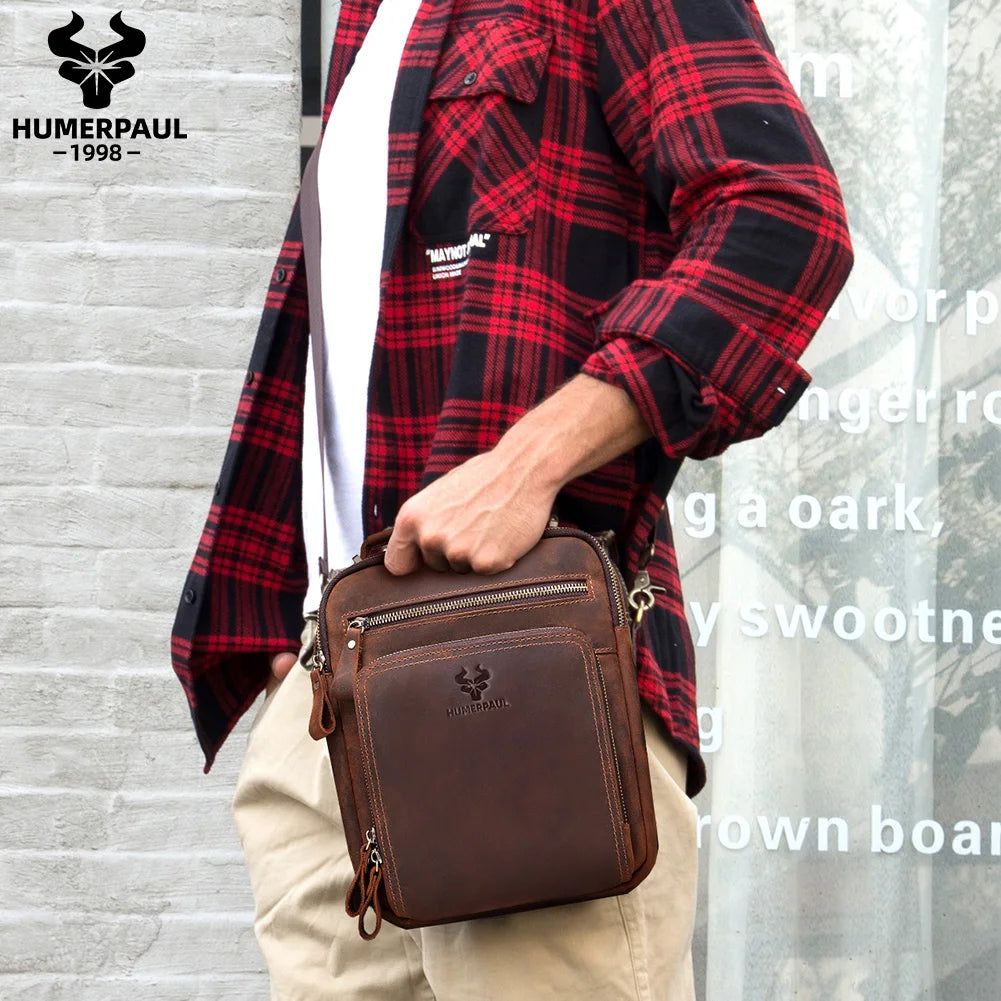 HUMERPAUL Herren Leder Schultertasche – Vintage Crossbody Messenger Bag aus Echtleder mit Großer Kapazität