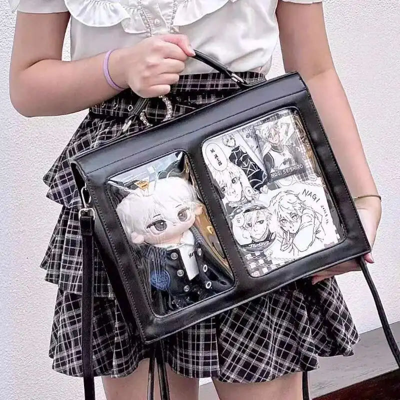 Japanischer Ita Damen & Mädchen Rucksack – PU Leder Preppy Style Backpack mit transparentem Fach, kompakt & stylisch