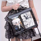 Japanischer Ita Damen & Mädchen Rucksack – PU Leder Preppy Style Backpack mit transparentem Fach, kompakt & stylisch