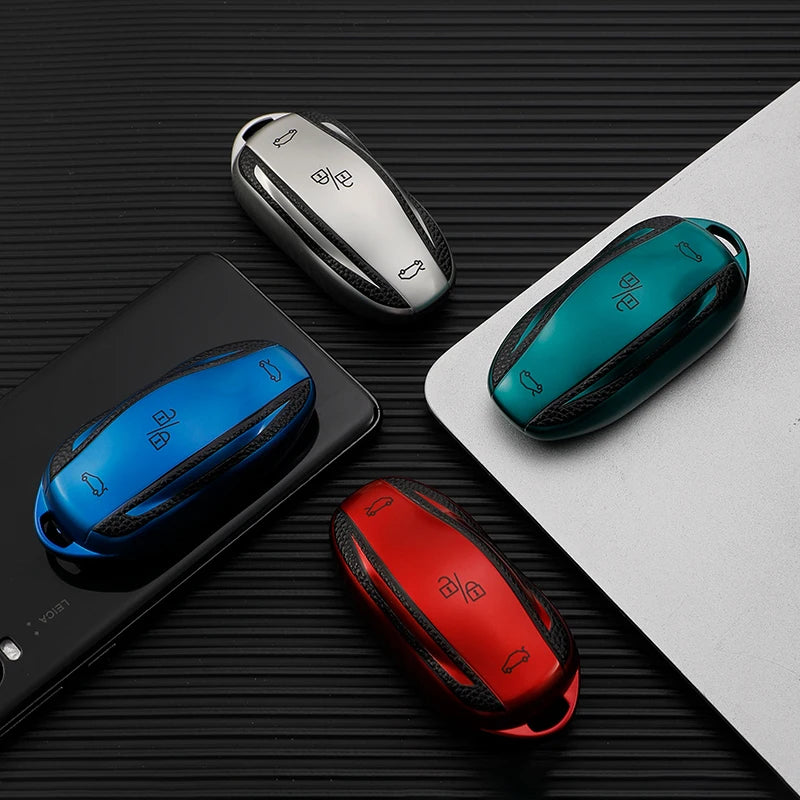 Premium Leder-TPU Autoschlüssel Hülle für Tesla – Smart Key Cover für Model 3, Model Y, Model S & Model X