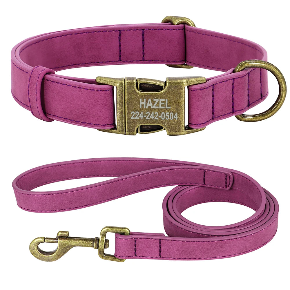 Personalisiertes Hunde-Halsband & Leinen-Set aus PU-Leder – Gepolstertes ID-Halsband mit gravierter Schnalle für kleine, mittlere & große Hunde