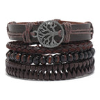 Vintage Lederarmband für Herren – Mehrfach geflochtenes Armband mit braunen Holzperlen, verstellbares Zugband im klassischen Stil