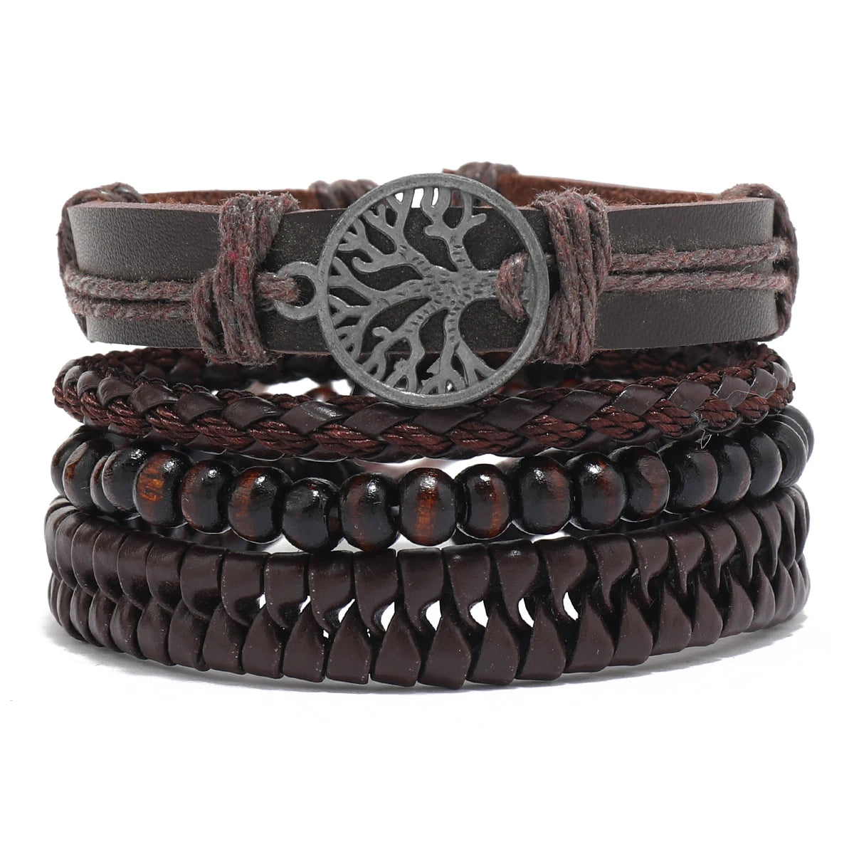 Vintage Lederarmband für Herren – Mehrfach geflochtenes Armband mit braunen Holzperlen, verstellbares Zugband im klassischen Stil