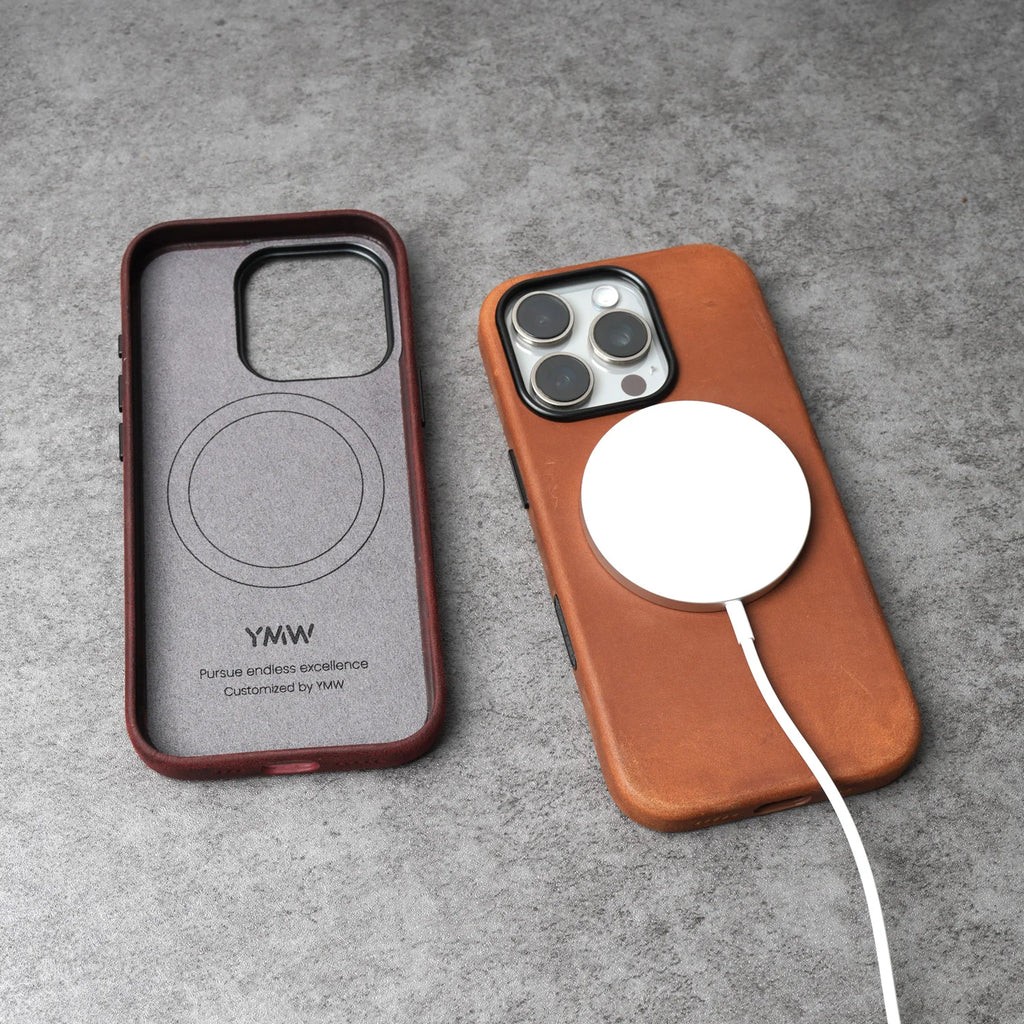 YMW Crazy Horse Coque rigide avec aimant pour iPhone 15–17 Pro Max – Coque rigide de qualité supérieure au look vintage