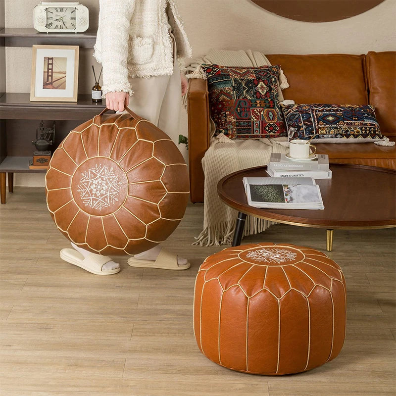 Marokkanischer PU Leder Pouf – Handbestickter runder Ottoman &amp; Fußhocker Bezug ohne Füllung, dekoratives Bodenkissen (50×50×25 cm)