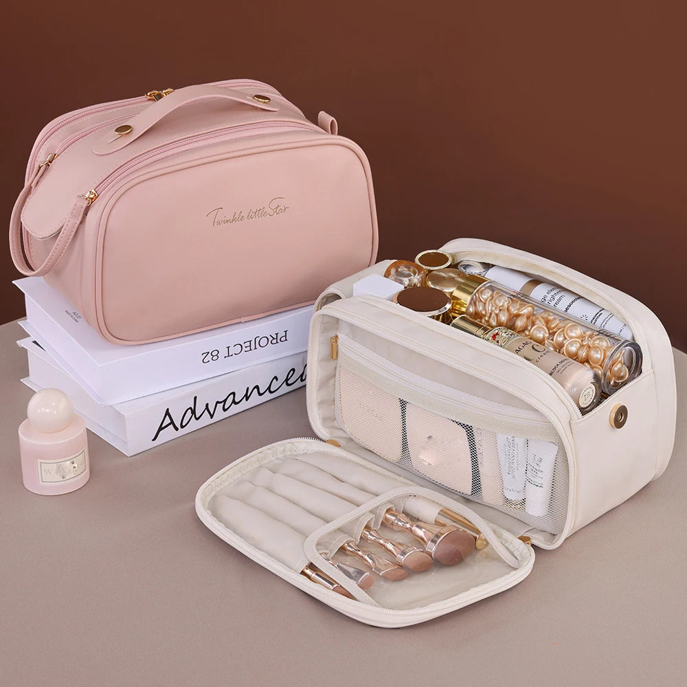 Rosa Kosmetiktasche aus PU-Leder – Wasserfeste, doppellagige Reise-Make-up-Tasche mit großem Stauraum