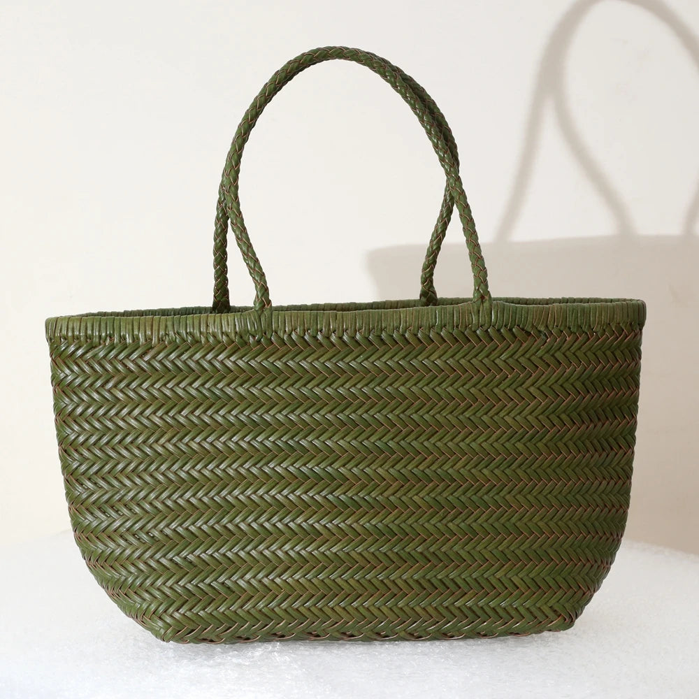 Damen Schultertasche aus echtem Leder – Handgeflochtene Vintage Tote Bag aus Rindsleder, große Shoppingtasche