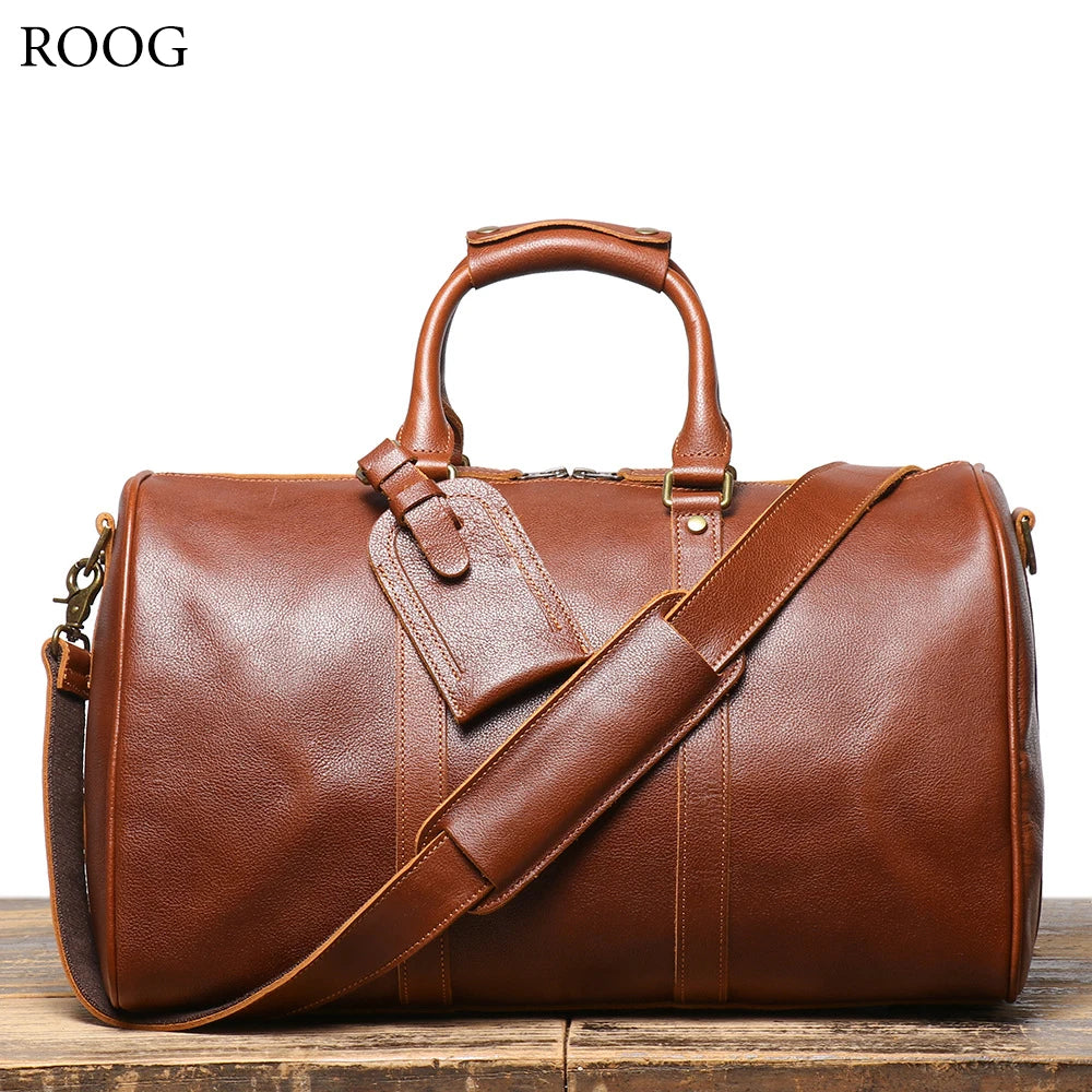 ROOG Vintage Leder Travel Tote Bag – Geräumige Reisetasche aus echtem Rindsleder mit Reißverschluss, stilvolle Allround-Tote für Damen