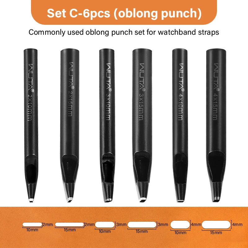 WUTA Basic Series Langloch Lederstanzer Set (3–7 tlg.) – Ovale Lochpfeifen aus Carbonstahl für Gürtel, Uhrenarmbänder & Lederarbeiten