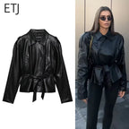 ETJ Damen PU Leder Trenchcoat 2025 – Kurzer Kunstledermantel mit Gürtel, eleganter Casual Lederoptik-Mantel für Herbst &amp; Winter