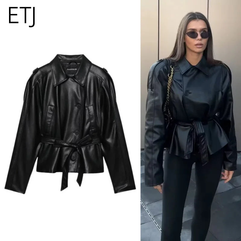 ETJ Damen PU Leder Trenchcoat 2025 – Kurzer Kunstledermantel mit Gürtel, eleganter Casual Lederoptik-Mantel für Herbst & Winter