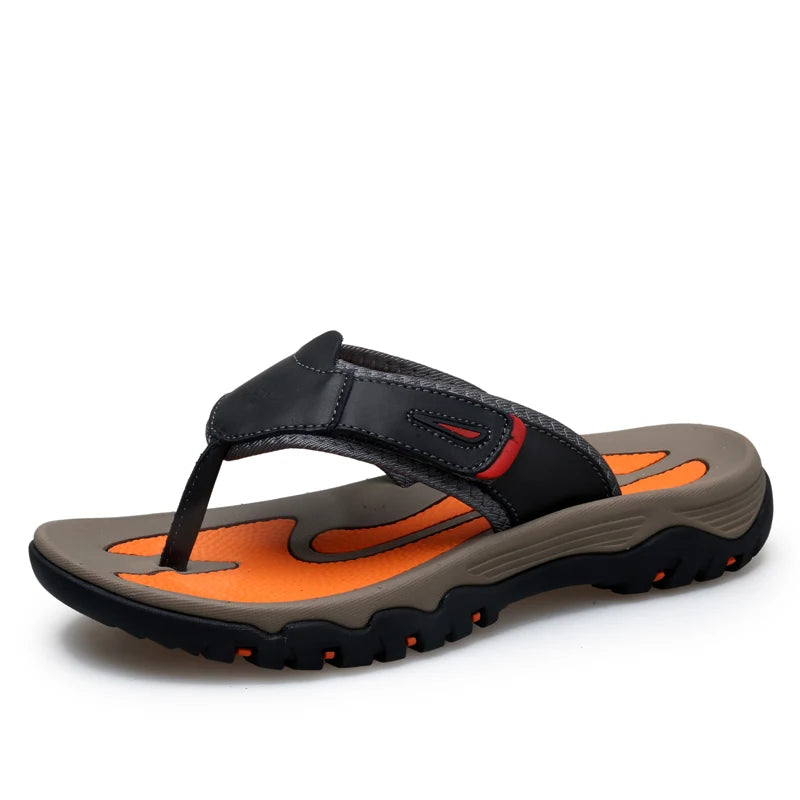 SENLONGBAO Herren Sommer Sandalen – Atmungsaktive Leder Flip-Flops, weiche Komfort-Slipper für Strand & Outdoor