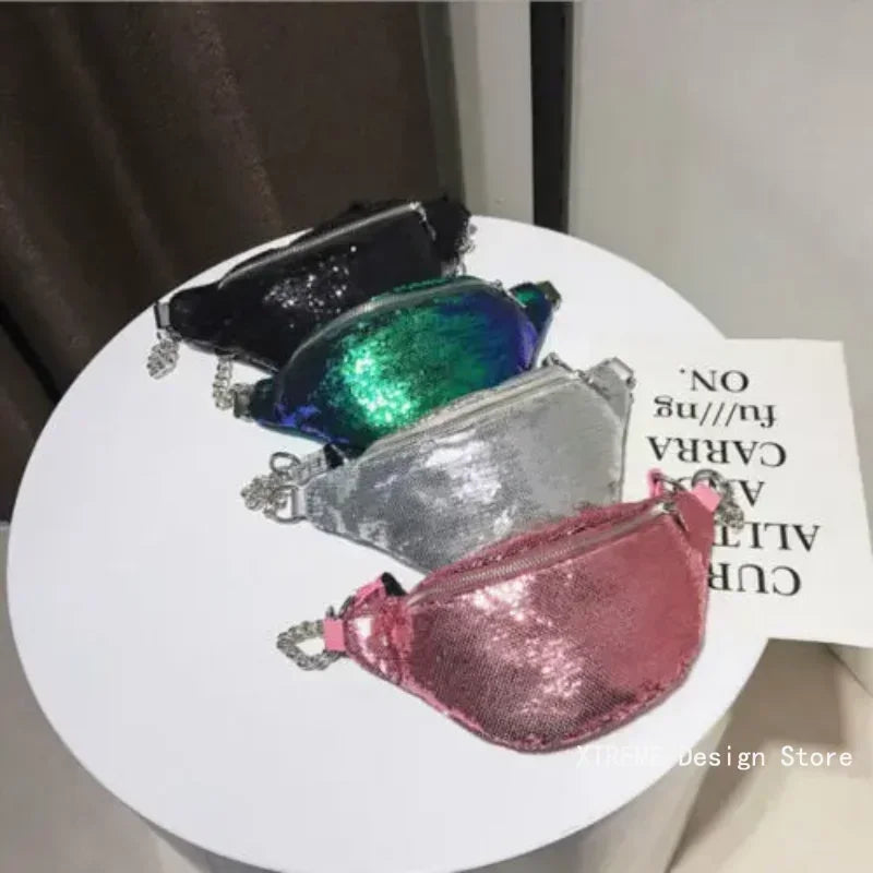 MOONBIFFY Damen Glitzer Fanny Pack – Glänzende Bauchtasche & Schultertasche aus PU-Leder, Trendige Reisetasche