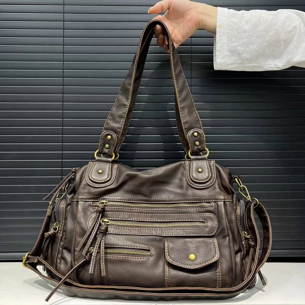 Y2K Bolso bandolera para mujer – Vintage PU-Leder Motorrad Tasche mit Multi-Fächern, Große Kapazität Schultertasche für Frauen