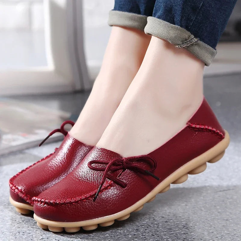 YBQJOO Damen Flats – Slip-On Mokassins aus echtem Leder, runde Zehen, bequeme Loafers für Alltag, Pflege & Plus Size 33-50