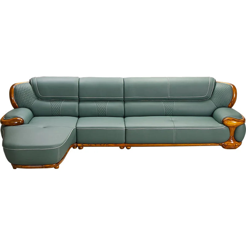 Modernes Luxus Ecksofa aus Echtleder in Schwarz-Gold – Nouveau style chinois Wohnlandschaft mit Massivholzrahmen, Rindsleder Top-Grain