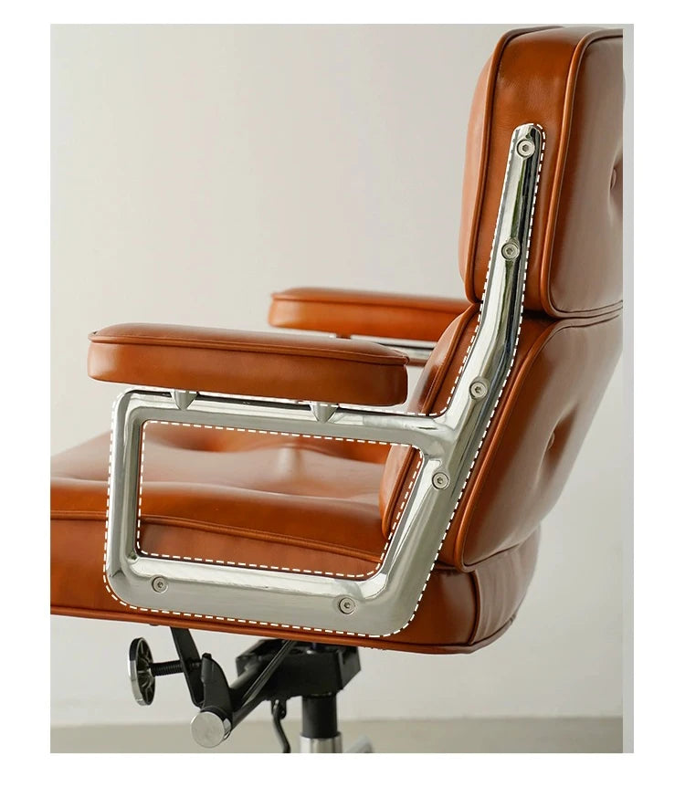 Eleganter Büro- & Lounge-Stuhl aus Echtleder – Drehbarer Office Chair mit Aluminiumgestell, Rollen & Gaslift für Büro & Arbeitszimmer