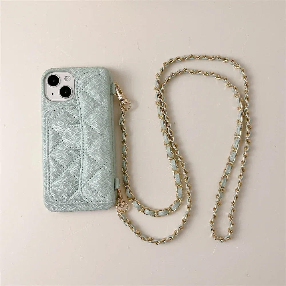 Crossbody iPhone Lederhülle mit Kartenfach & Kette – Luxuriöse Wallet Handyhülle mit Umhängeband für iPhone 16, 15, 14 & 13 Pro Max (ohne Logo)