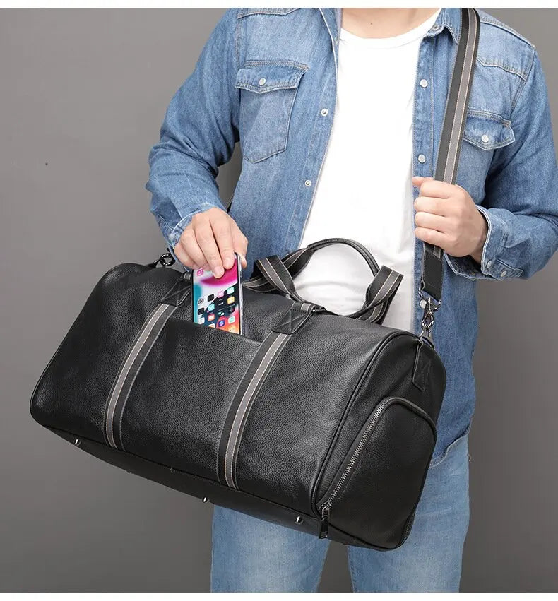 Luufan Leder Reisetasche für Herren – Große schwarze Duffel Bag aus echtem Rindsleder als Carry-on, Business-, Wochenend- & Sporttasche