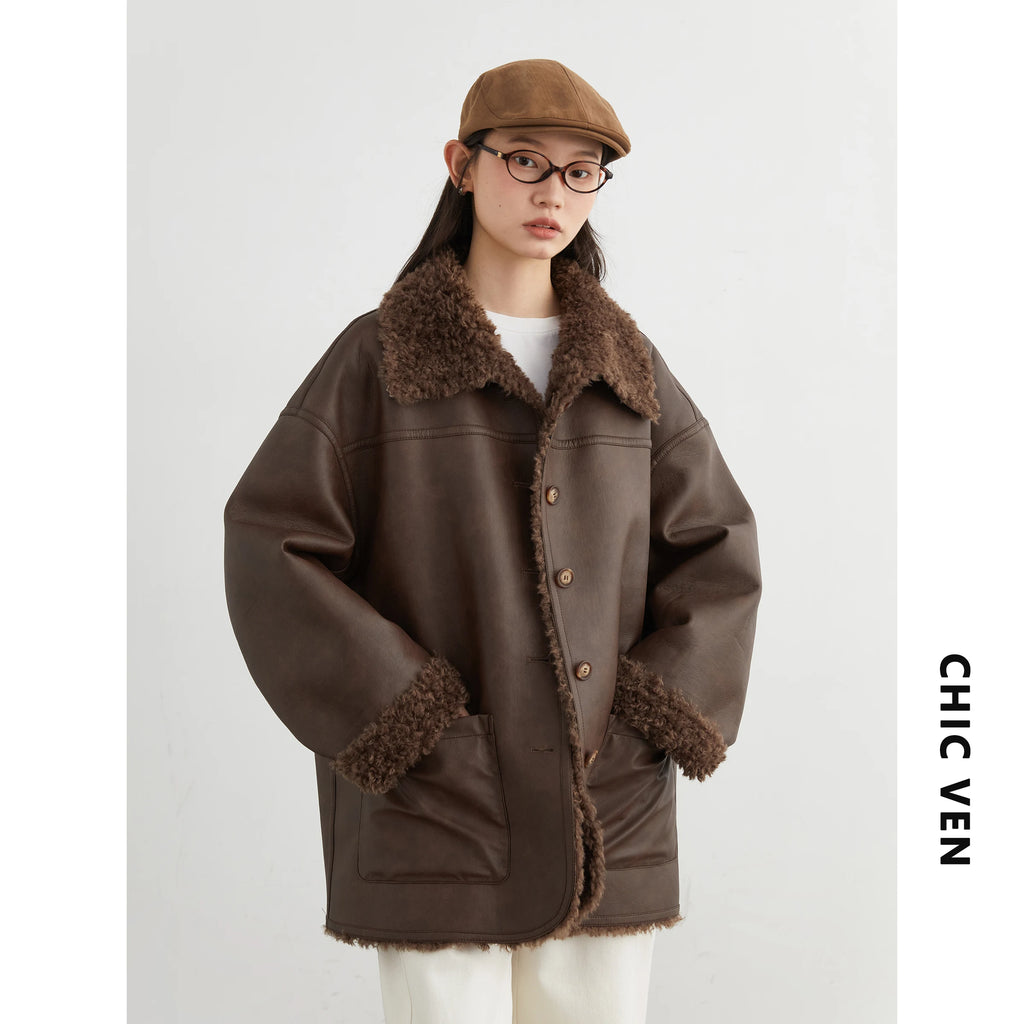 CHIC VEN Damen PU Leder Mantel 2025 – Wendbarer Kunstleder Midilängen-Mantel, lockerer Office-Look Overcoat für Herbst &amp; Winter 