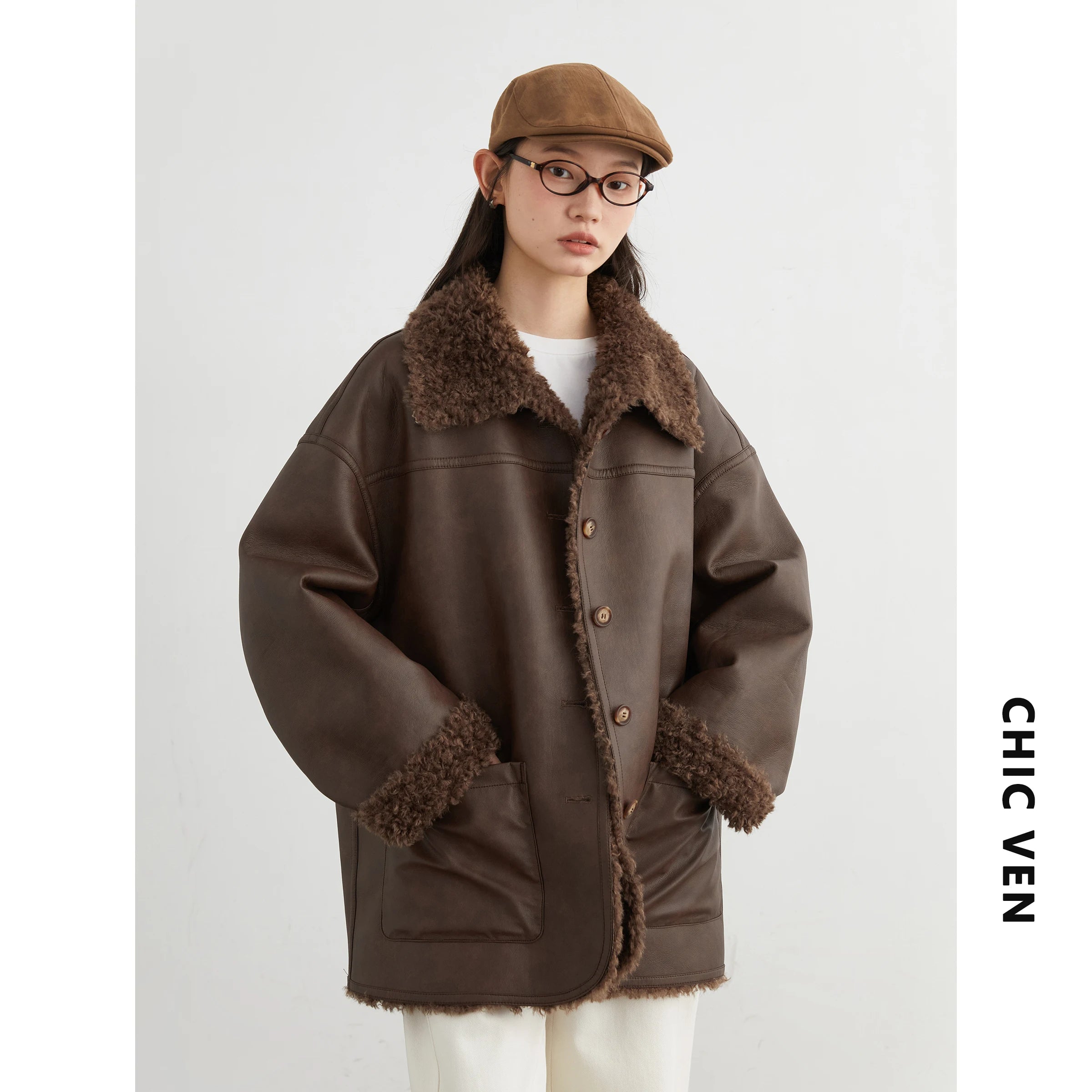 CHIC VEN Damen PU Leder Mantel 2025 – Wendbarer Kunstleder Midilängen-Mantel, lockerer Office-Look Overcoat für Herbst & Winter