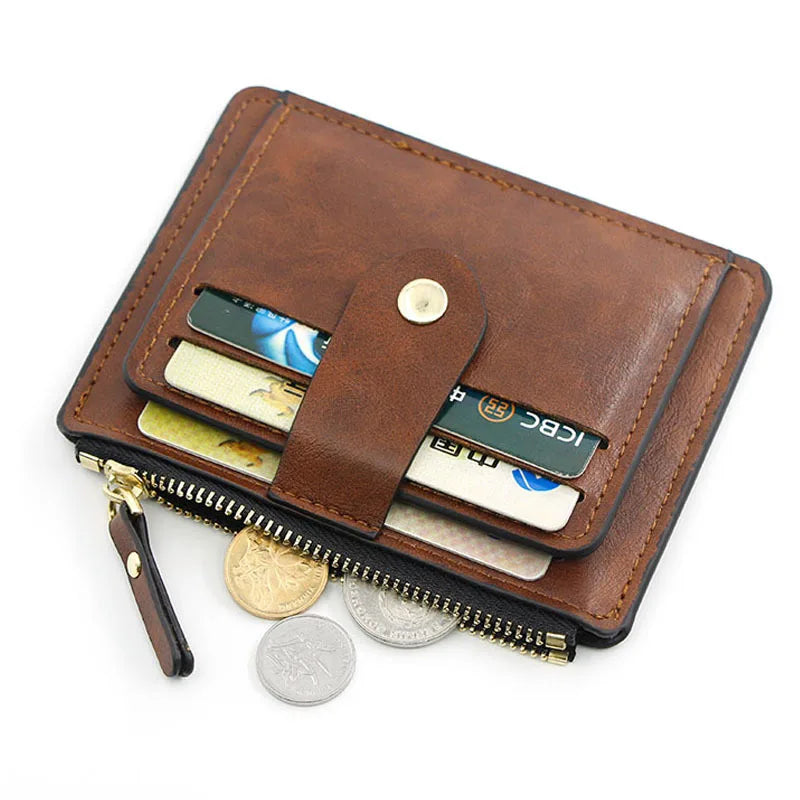 Herren Slim Leder Geldbörse – PU Leather Card Holder mit Münzfach, Business Kurzportemonnaie Braun & Schwarz