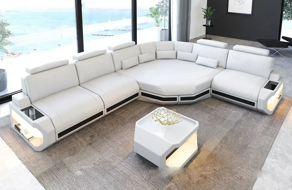 Modernes U-Form LED Leder-Ecksofa mit App-Steuerung – Multifunktionales Schlafsofa mit Stauraum, individuell konfigurierbare Wohnlandschaft