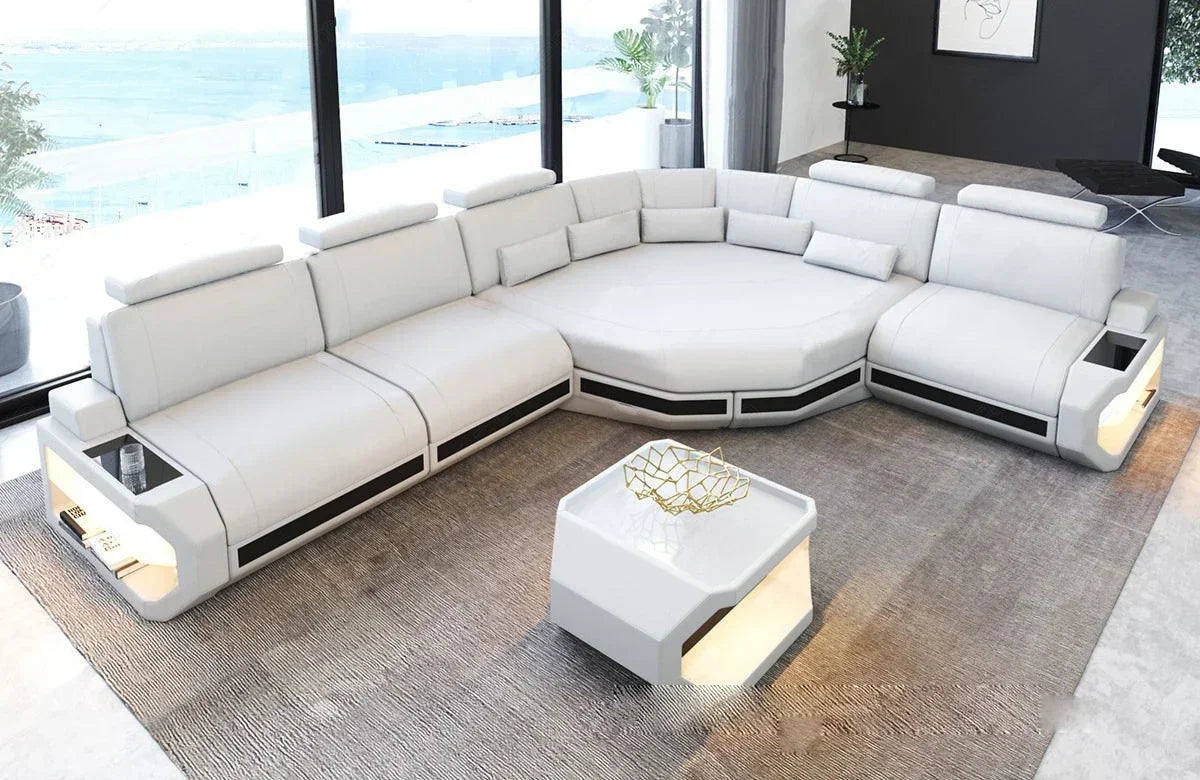 Modernes U-Form LED Leder-Ecksofa mit App-Steuerung – Multifunktionales Schlafsofa mit Stauraum, individuell konfigurierbare Wohnlandschaft