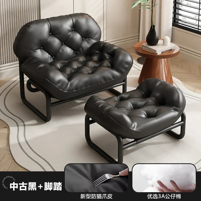 Moderner Leder-Relaxsessel mit Armlehnen & Fußhocker – Minimalistischer Single Sofa Chair in Weiß für Wohnzimmer, Balkon & Meditation