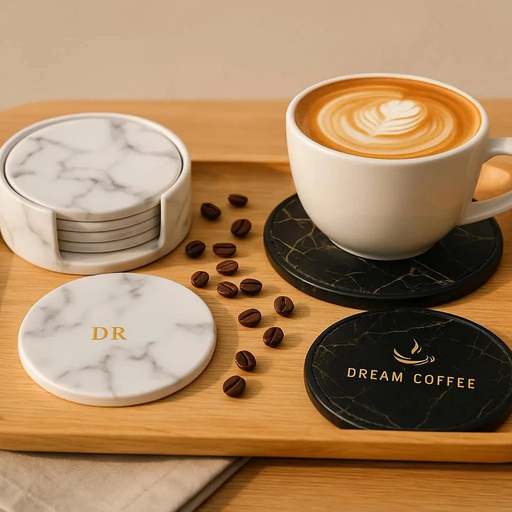 6er-Set personalisierte Leder-Marmor Untersetzer – Runde, hitzebeständige Getränkeunterlagen mit kostenloser Gravur für Kaffee & Tee