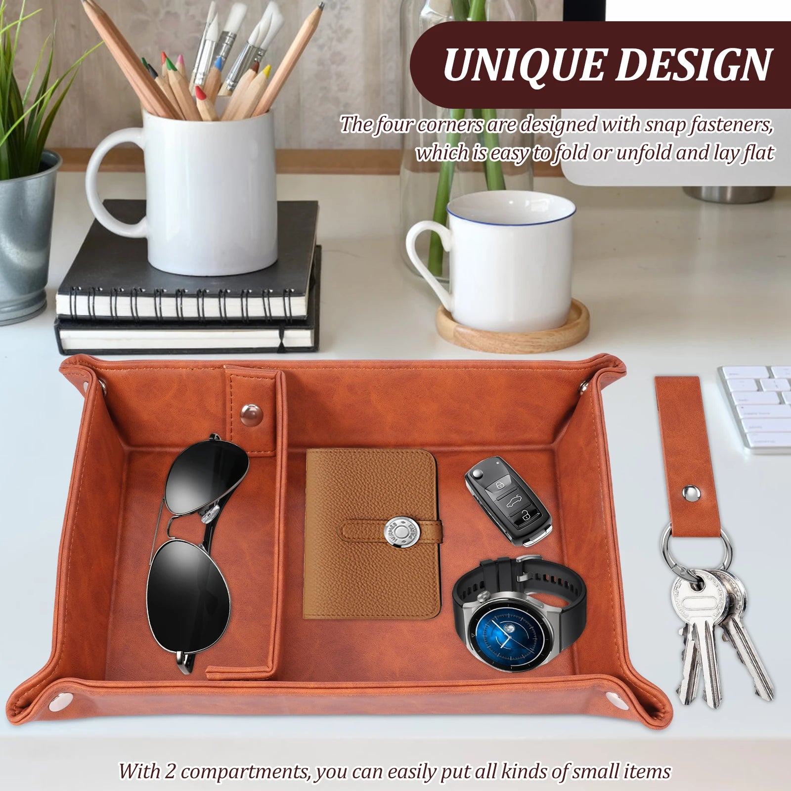 Faltbare PU Leder Ablageschale (Valet Tray) – Eleganter Desktop- & Nachttisch-Organizer für Schlüssel, Handy, Brille & Accessoires