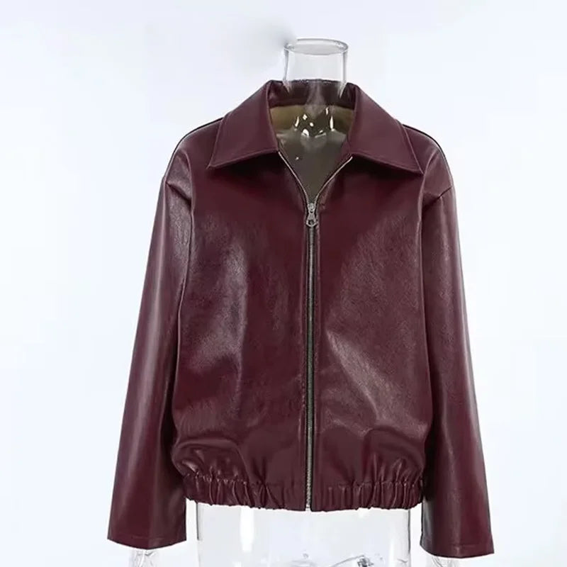 Damen Vintage Lederjacke Bordeaux Rot – Kurze Jacke im American Style mit Reißverschluss für Herbst &amp; Winter 2024 