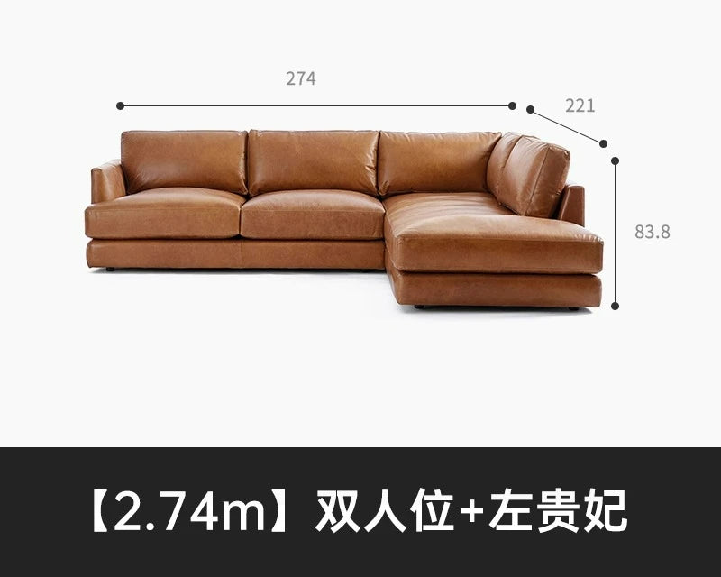Amerikanisches Retro Ecksofa aus Echtleder – Antikbraunes L-Form Ledersofa aus Rindsleder mit Longchair, luxuriöses Wohnzimmer-Sofa
