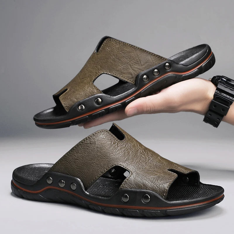 Herren Sommer Slipper aus echtem Leder – Atmungsaktive Clogs & Slides mit rutschfester Sohle, Bequeme Beach- & Outdoor-Sandalen in großen Größen